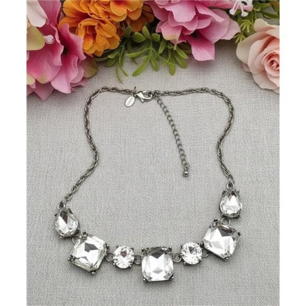 Express Silver Tone Clear Crystal Bib Necklace, Square Teardrop Statement 19 in